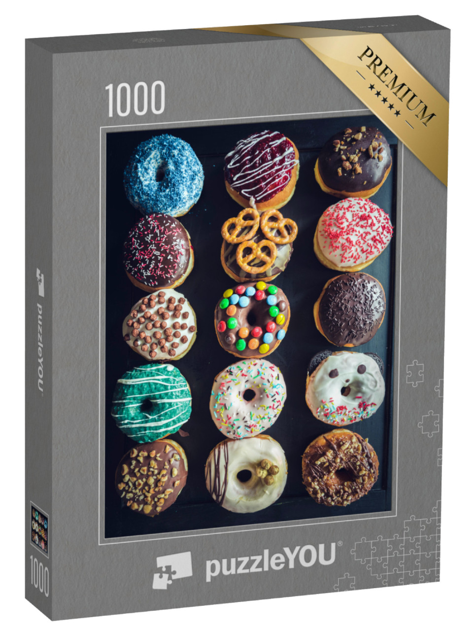 Puzzle 1000 Teile „Süße glasierte Donuts werden auf dem Tisch serviert“