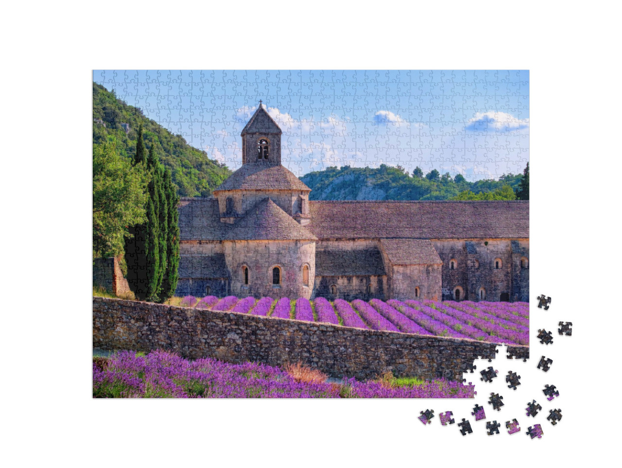 Puzzle 1000 Teile „Blühende violette Lavendelfelder im Senanque Kloster, Provence, Südfrankreich“