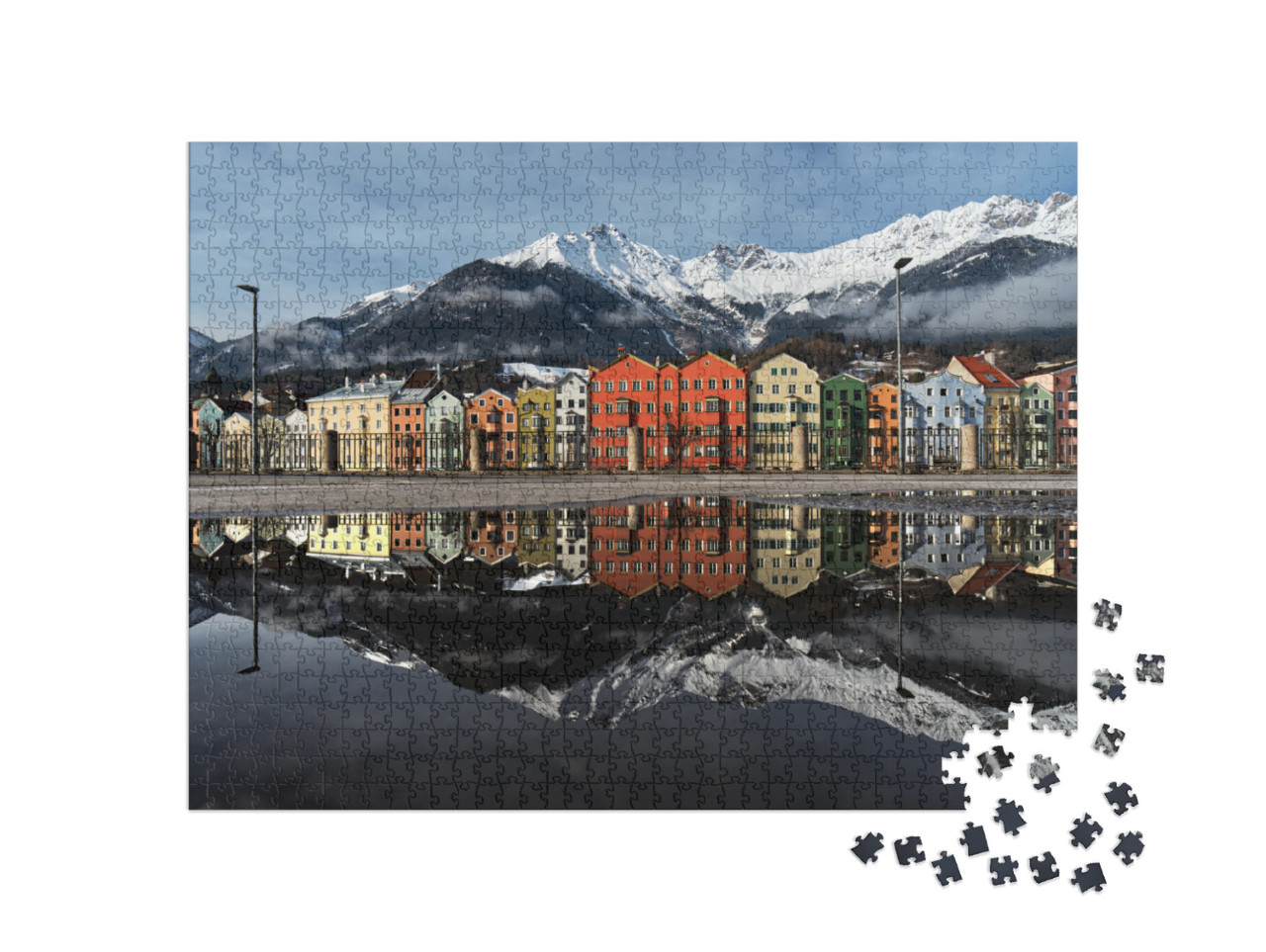 Puzzle 1000 Teile „Perfekte Wasserspiegelung der bunten Häuser von Innsbruck, Österreich“