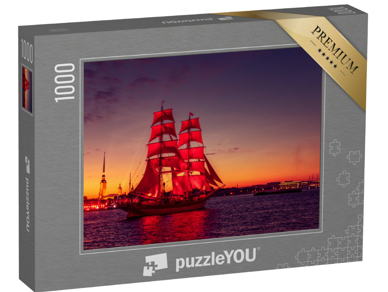 Puzzle 1000 Teile „Schiff mit scharlachroten Segeln auf dem Fluss Newa, St. Petersburg“