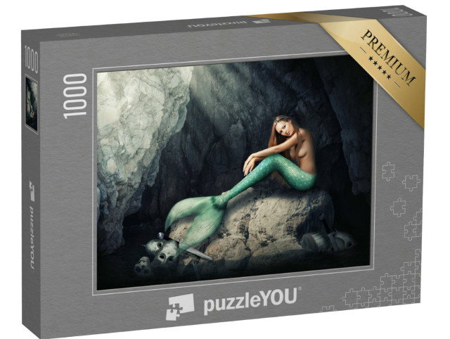 Puzzle 1000 Teile „Anmutige Meerjungfrau in der Felshöhle, unter ihr Schwert und Schädel“