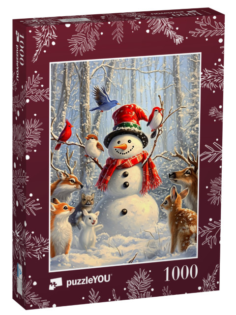 Puzzle 1000 Teile „Happy Schneemann im Wald der Tiere“