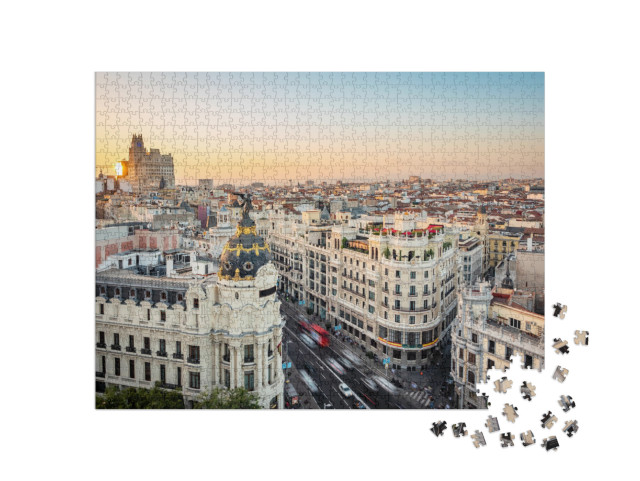 Puzzle 1000 Teile „Sonnenuntergang über der Gran Via, Madrid, Spanien“