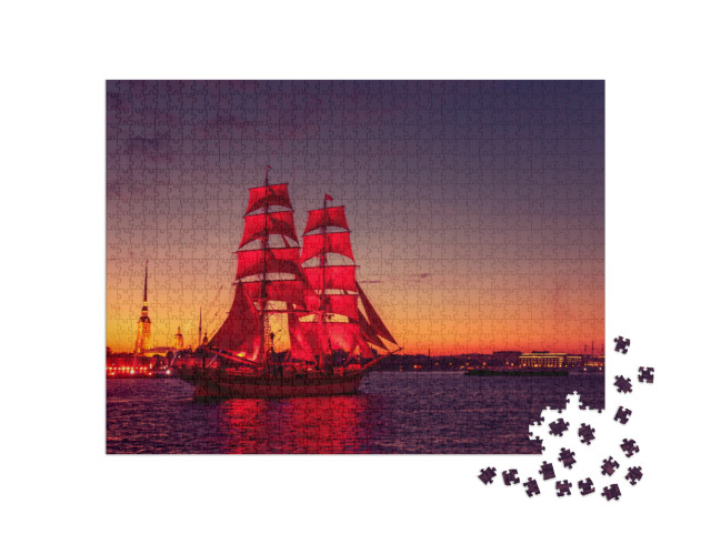 Puzzle 1000 Teile „Schiff mit scharlachroten Segeln auf dem Fluss Newa, St. Petersburg“