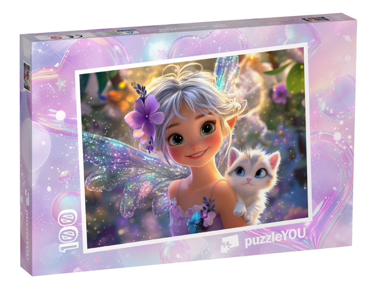 Puzzle 100 Teile „Lila Glitzerfee mit ihrer süßen Katze“