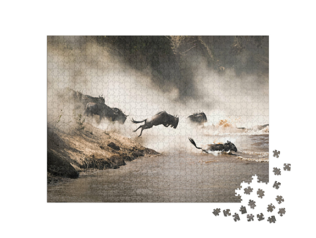Puzzle 1000 Teile „Spektakuläre Aufnahme von Gnus, die den Mara-Fluss überqueren, Kenia“