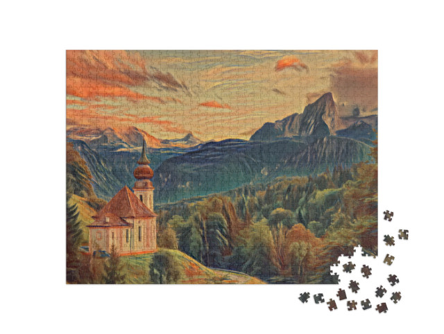 Puzzle 1000 Teile „im Stil von Edvard Munch, Der Schrei - Watzmann mit Kirche Maria Gern - Puzzle-Kollektion Künstler & Gemälde“