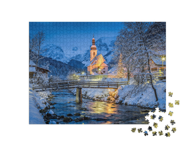 Puzzle 1000 Teile „Weihnachtliche Wallfahrtskirche Sankt Sebastian, Berchtesgadener Land, Deutschland“