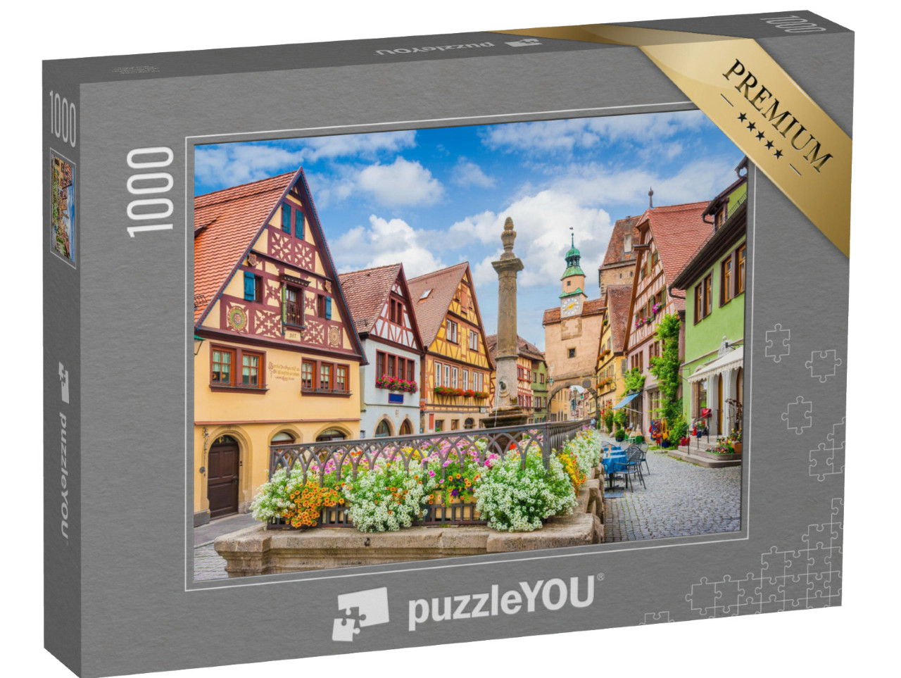Puzzle 1000 Teile „Rothenburg ob der Tauber an sonnigem Tag mit blauem Himmel“