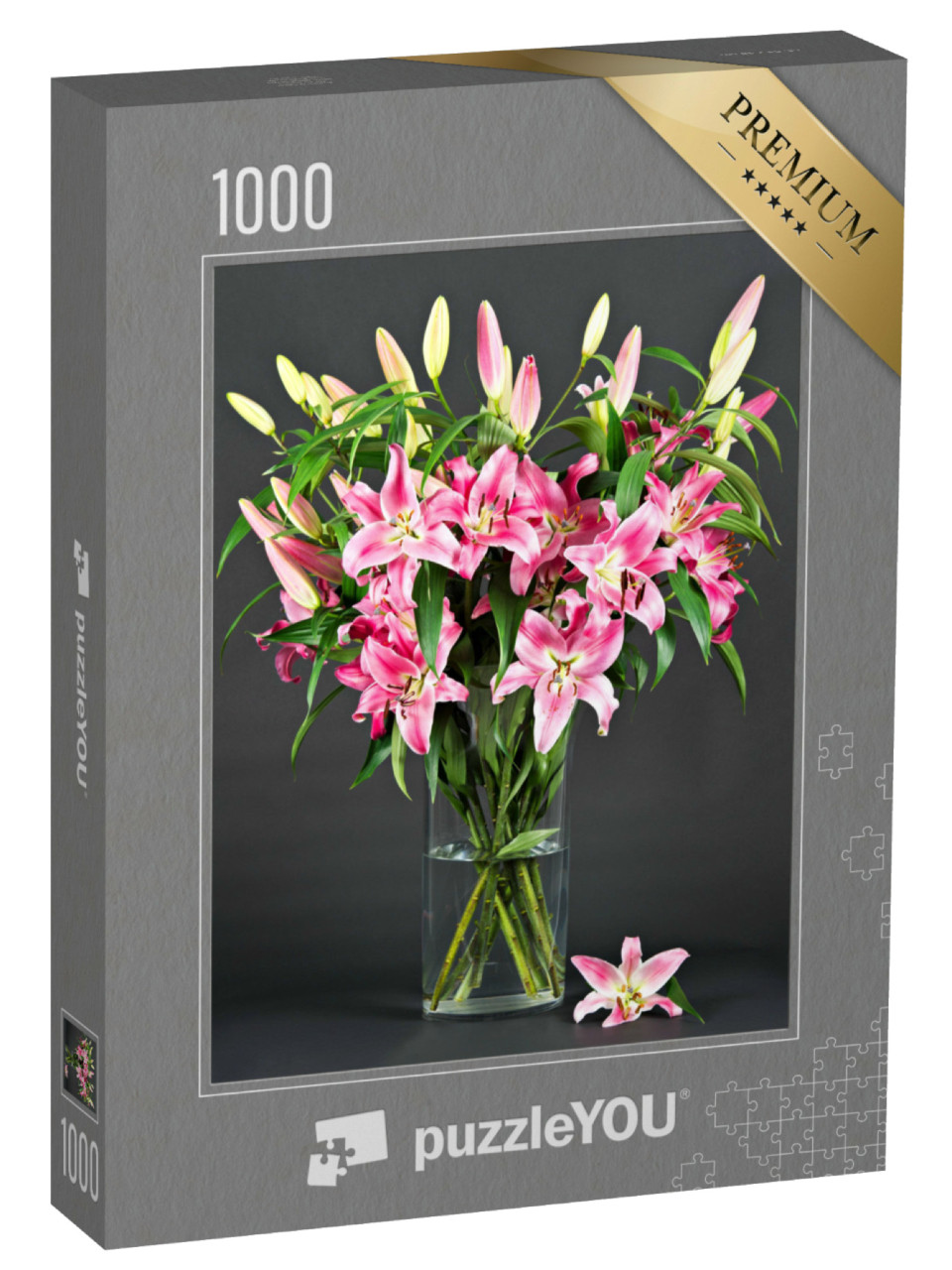 Puzzle 1000 Teile „rosa Lilienblüten auf schwarzem Hintergrund“