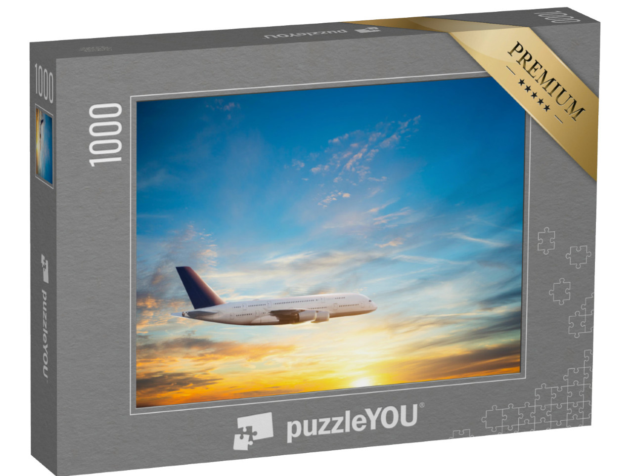 Puzzle 1000 Teile „Ruhiger Flug eines Passagierflugzeuges am Abendhimmel“