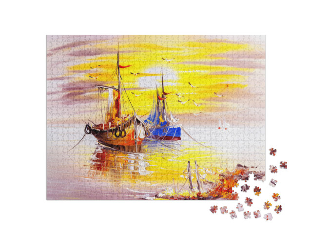 Puzzle 1000 Teile „Ölgemälde: Zwei Fischerboote im Sonnenuntergang“