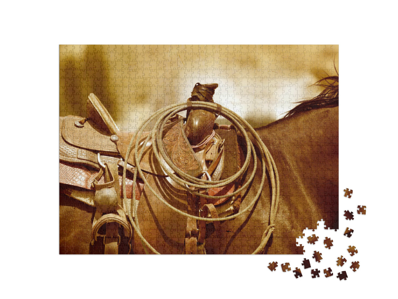 Puzzle 1000 Teile „Sattel und Lasso auf einem Pferderücken, sepia“