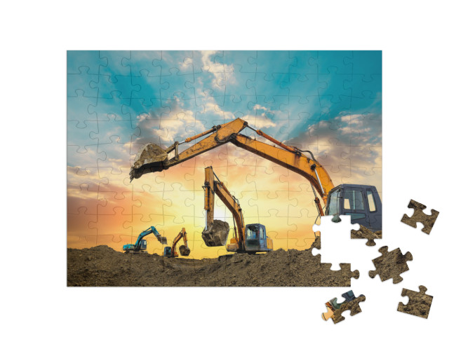 Puzzle 100 Teile „Bagger arbeiten bei Sonnenuntergang auf der Baustelle“