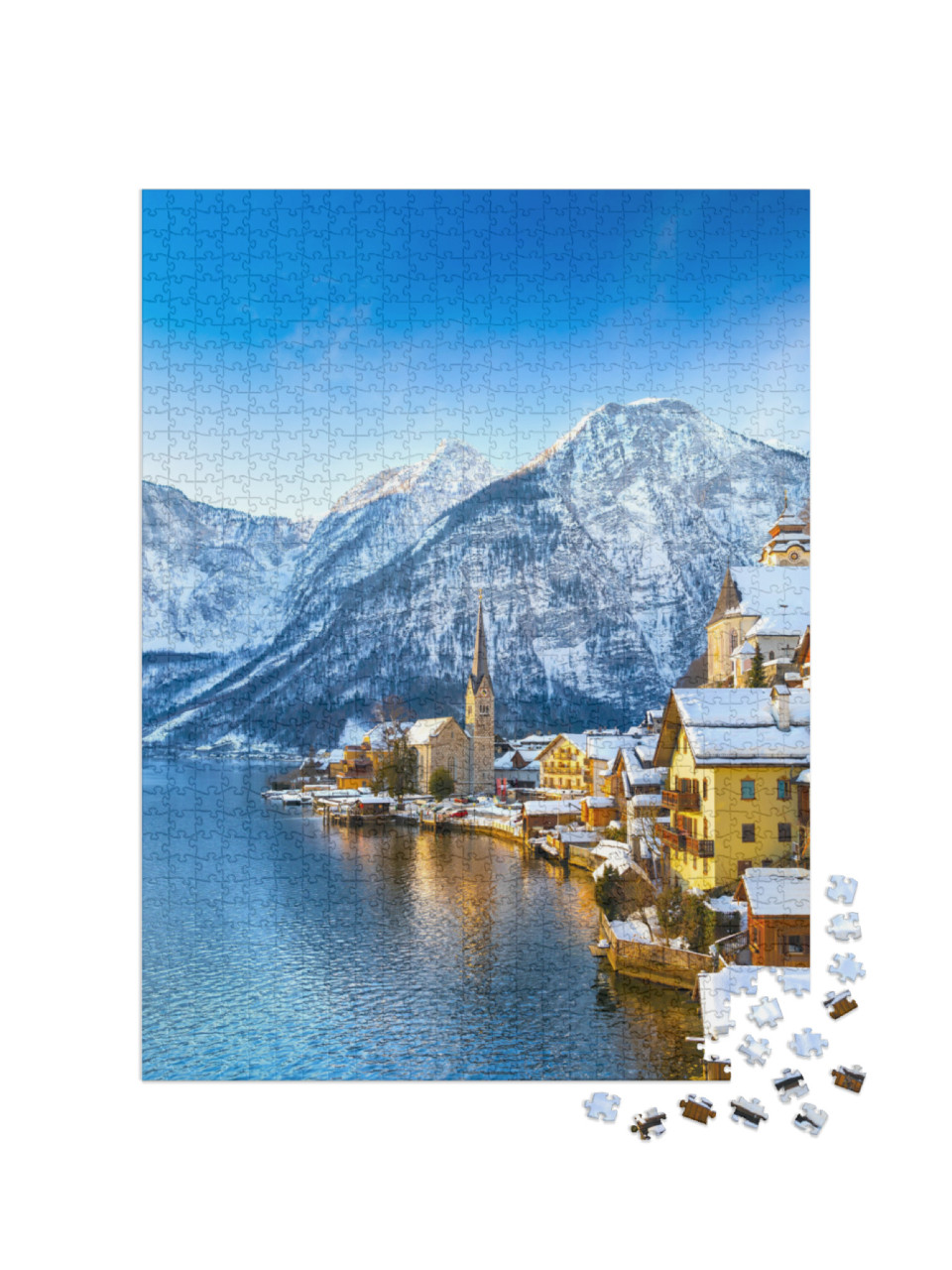 Puzzle 1000 Teile „Hallstadt an einem schönen kalten sonnigen Tag mit blauem Himmel, Österreich“