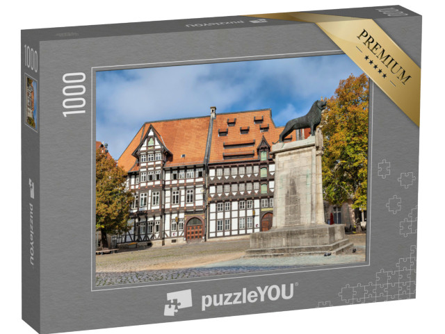 Puzzle 1000 Teile „Fachwerkhaus und Löwenstatue, Burgplatz in Braunschweig, Deutschland“