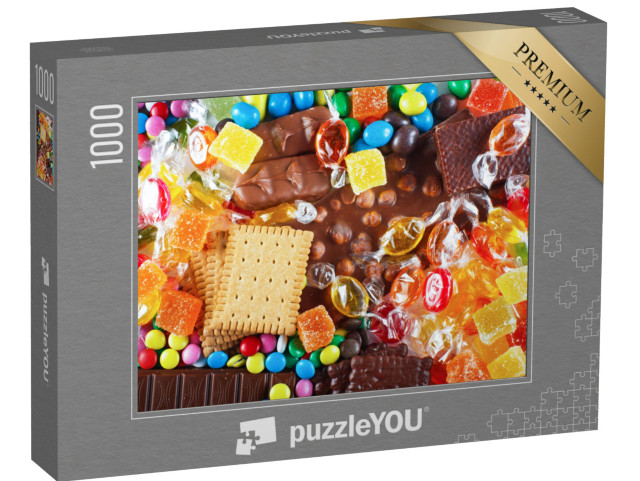 Puzzle 1000 Teile „Draufsicht auf köstliche bunte Bonbons, Schokolade, Schokoriegel und Kekse“