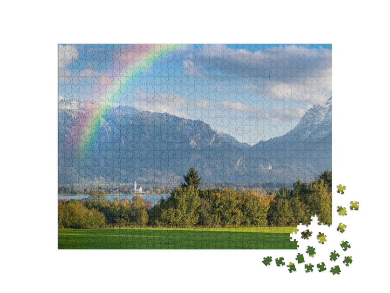 Puzzle 1000 Teile „Herbstliches Landschaftspanorama mit Regenbogen über dem Forggensee“