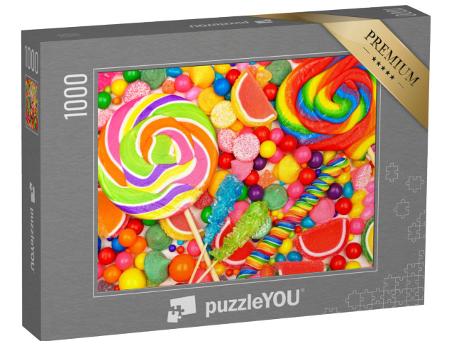 Puzzle 1000 Teile „Verschiedene Süßigkeiten, darunter Lutscher, Kaugummikugeln und Geleebonbons“