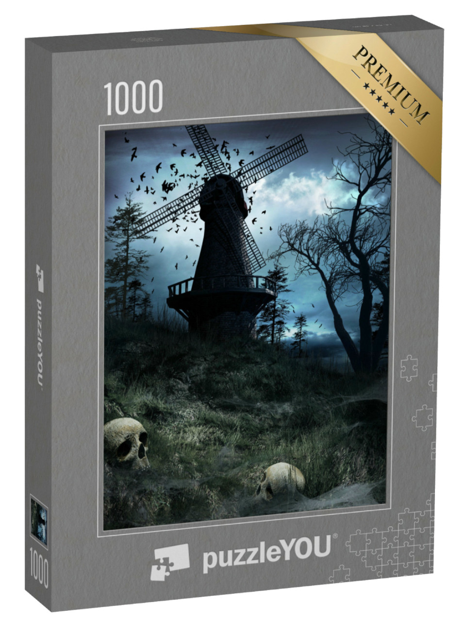 Puzzle 1000 Teile „Gothic-Illustration: Dunkle Windmühle mit Vögeln und Totenköpfen“