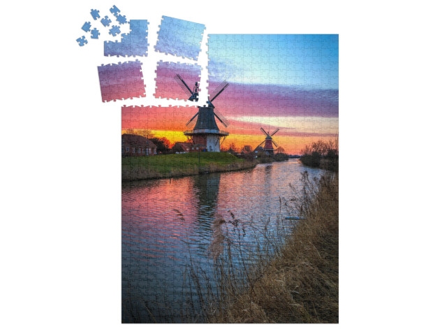 Puzzle „Zwillingsmühlen von Greetsiel, Ostfriesland bei Sonnenaufgang“ | SMART SORTED® 1000 Teile