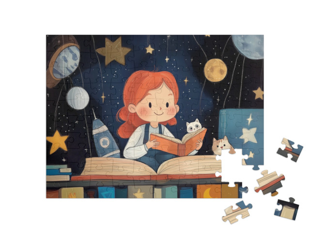 Puzzle 100 Teile „Tina erkundet Bücher im Weltall“