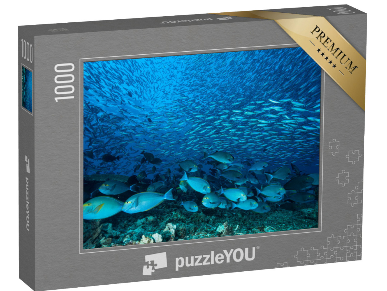Puzzle 1000 Teile „Riesiger Schwarm blauer Doktorfische am Riff“