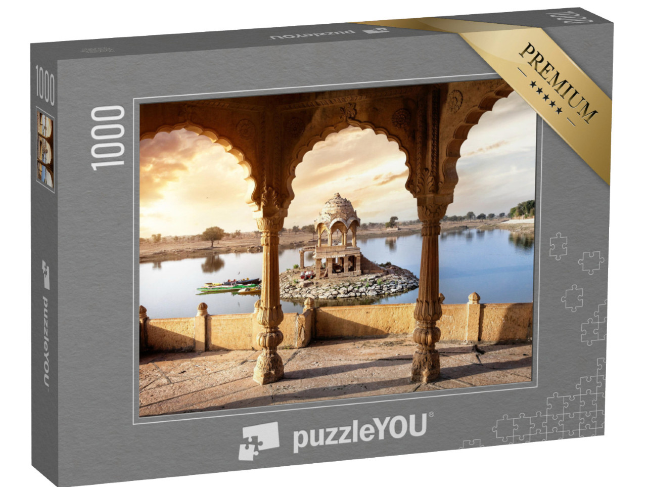 Puzzle 1000 Teile „Steinbögen und Tempel im Gadi Sagar See bei in Jaisalmer, Rajasthan, Indien“