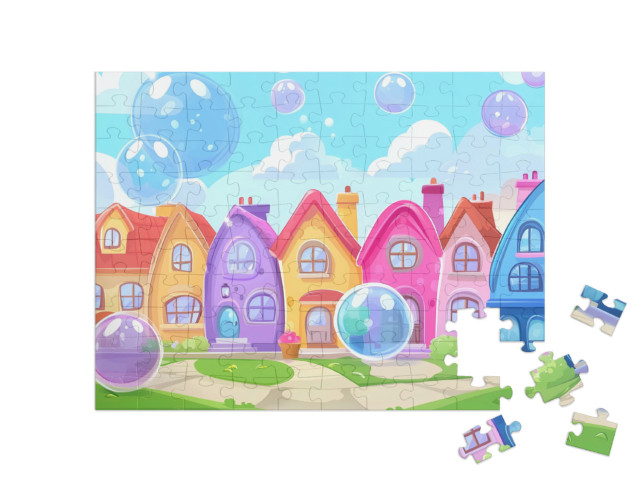 Puzzle 100 Teile „Die bunte Seifenblasenstadt“