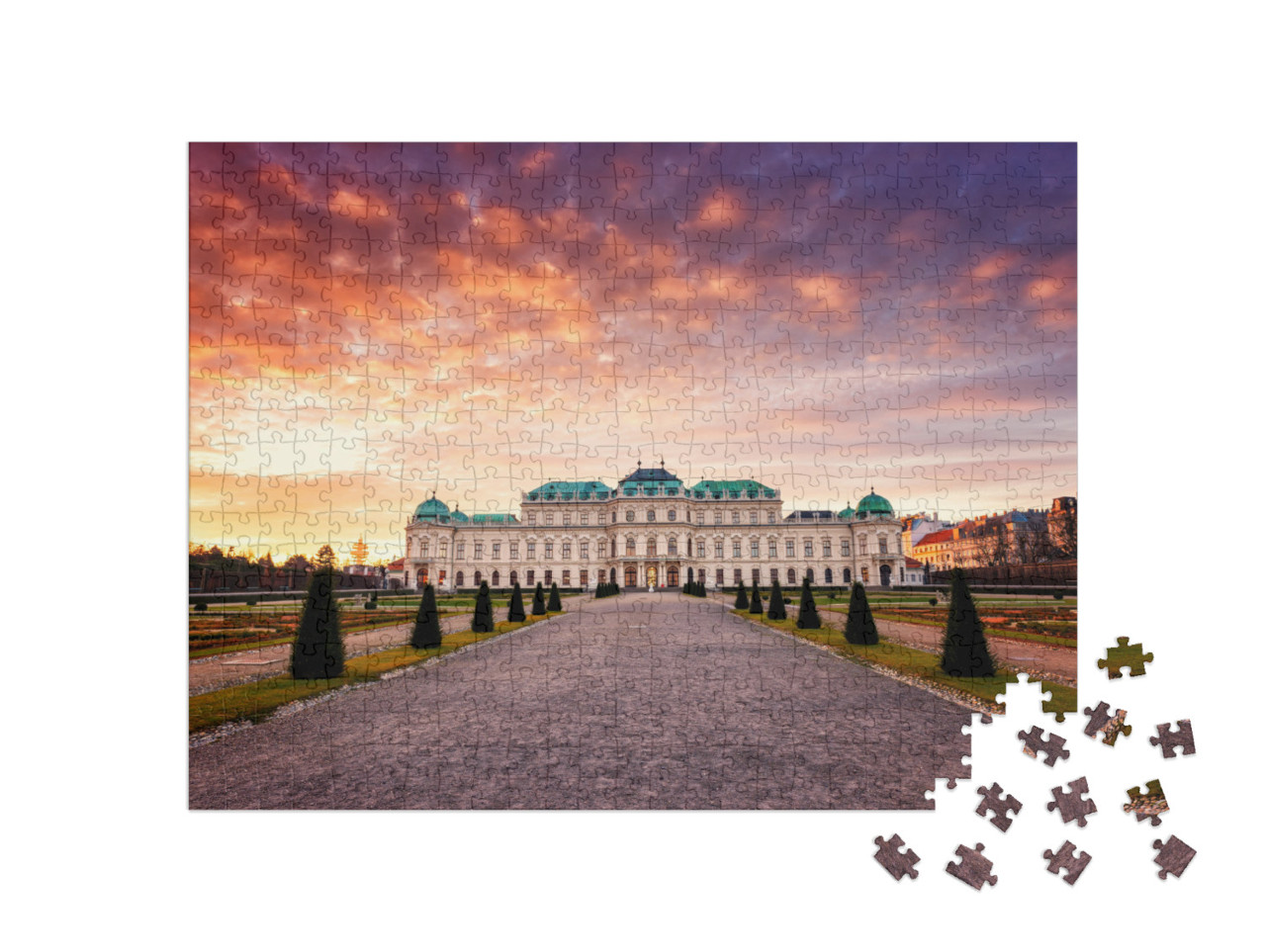 Puzzle 500 Teile „Sonnenaufgang am Schloss Belvedere in Wien, Österreich“