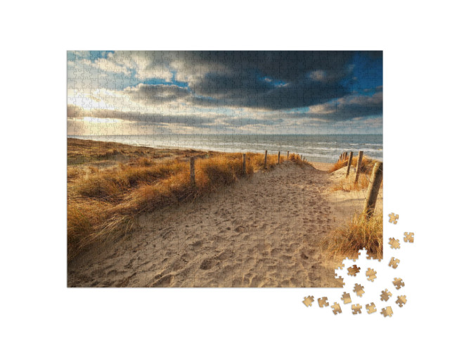 Puzzle 1000 Teile „Sonnenuntergang über Sandweg zur Nordsee, Holland“