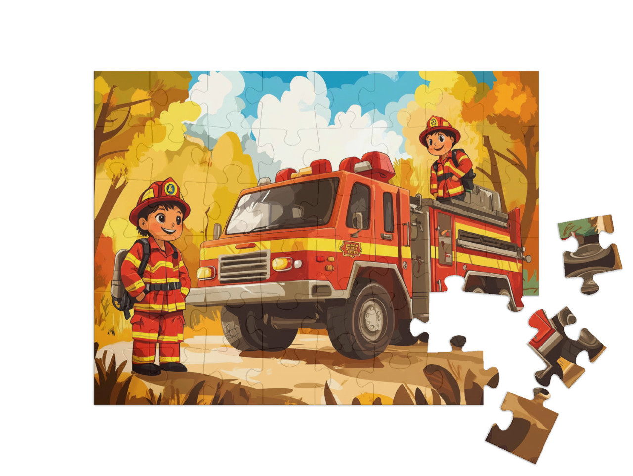 Puzzle 48 Teile „Feuerwehrteam in Aktion“