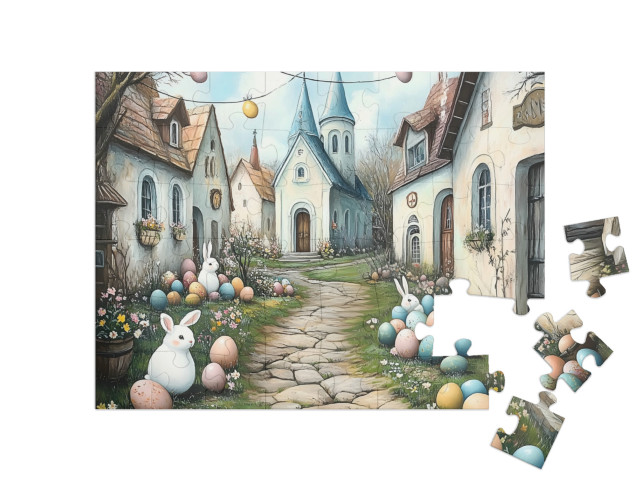 Puzzle 48 Teile „Osterfreude im ganzen Dorf“