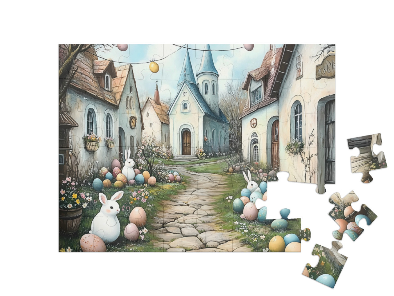 Puzzle 48 Teile „Osterfreude im ganzen Dorf“