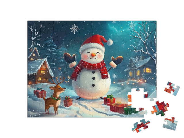 Puzzle 100 Teile „Ein Schneemann mit Weihnachtsmütze“