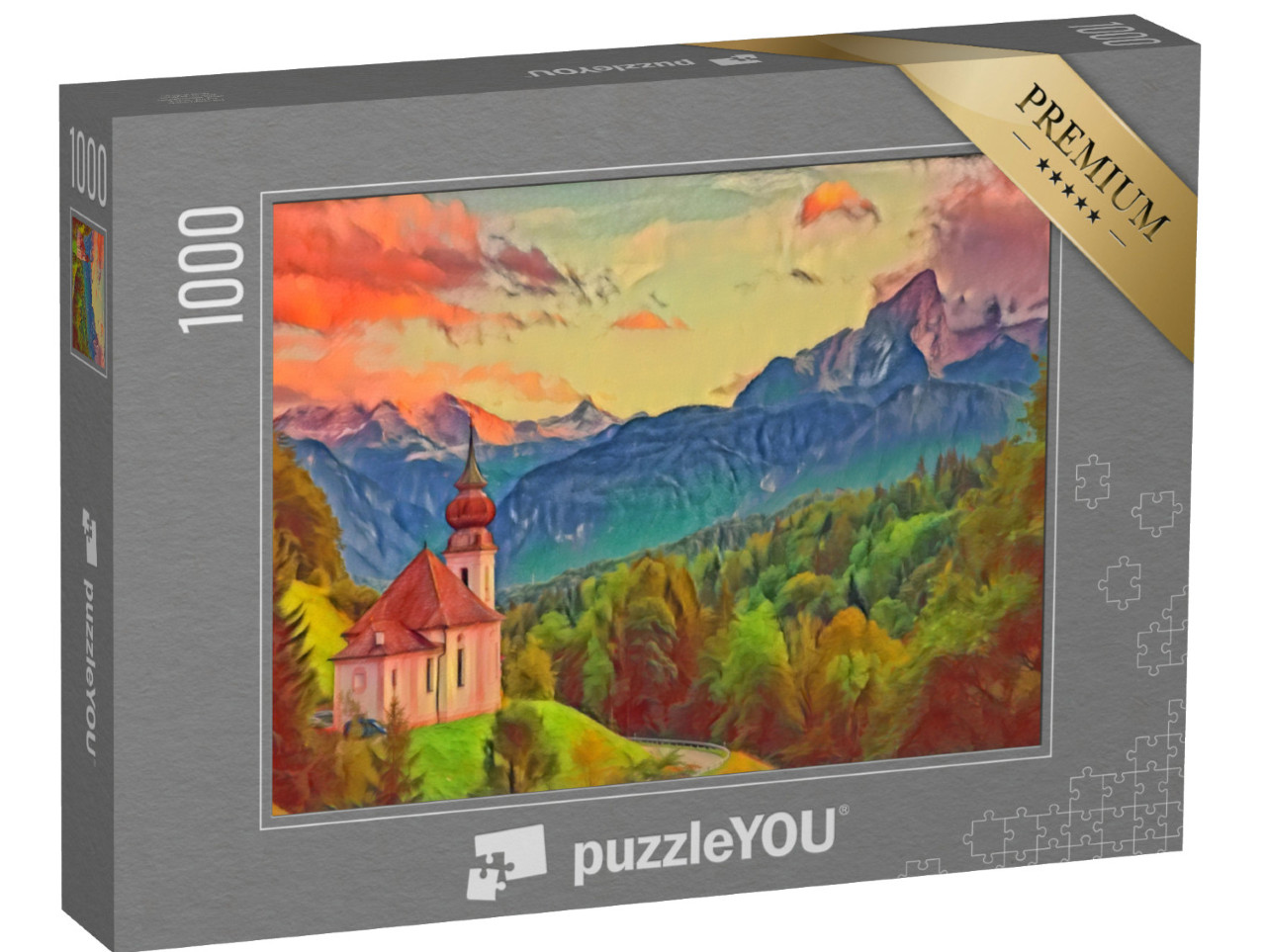 Puzzle 1000 Teile „im Kunst-Stil von Franz Marc - Watzmann mit Kirche Maria Gern - Puzzle-Kollektion Künstler & Gemälde“