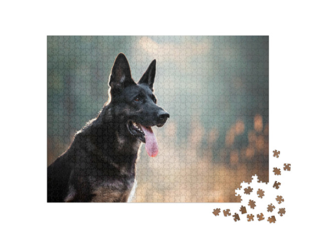Puzzle 1000 Teile „Schwarzer großer Hund schaut aufmerksam, Zunge hängt aus dem Maul“