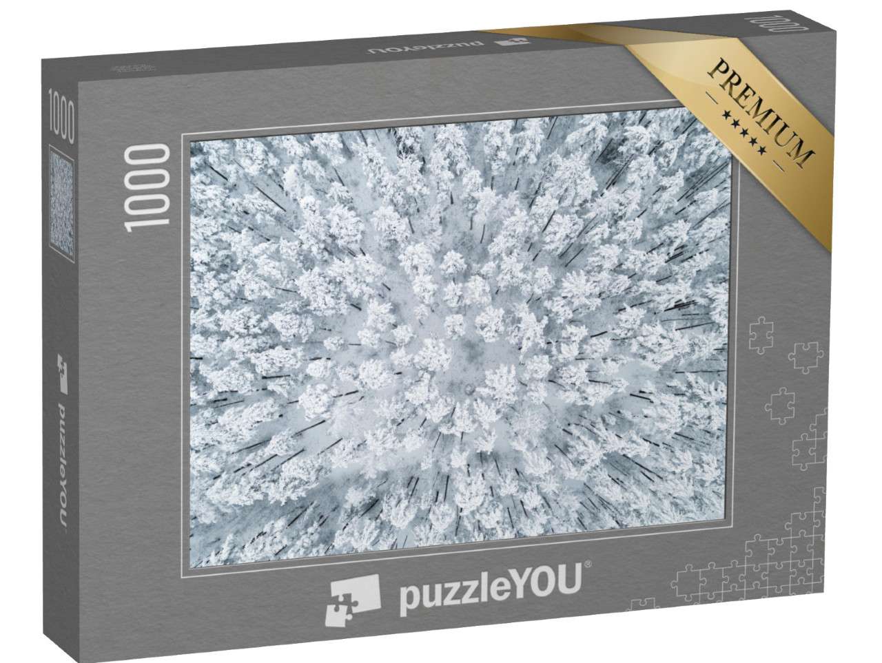 Puzzle 1000 Teile „Luftaufnahme eines winterlichen, schneebedeckten Kiefernwaldes“