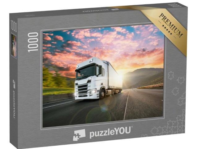 Puzzle 1000 Teile „Weißer LKW mit Container auf der Autobahn, Frachttransport“