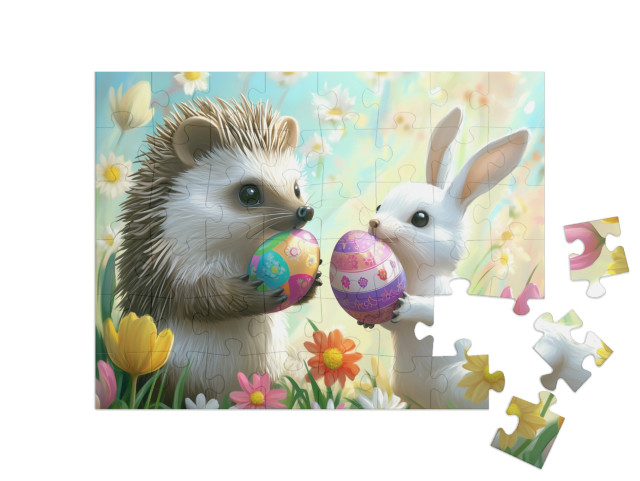 Puzzle 48 Teile „Hase und Igel feiern Ostern“