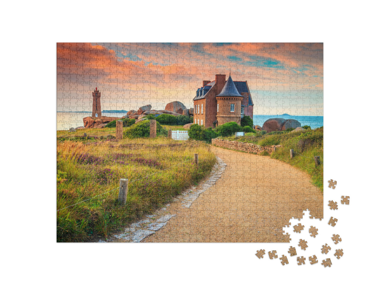 Puzzle 1000 Teile „Sonnenuntergang an der Rosa Granitküste, Bretagne, Frankreich“