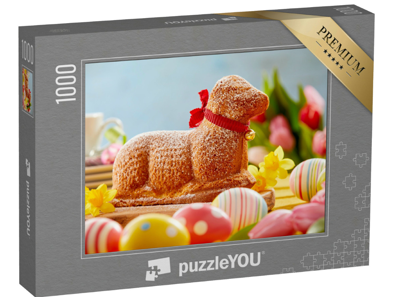 Puzzle 1000 Teile „Frohe Ostern: Osterlamm zwischen bunten Ostereiern“