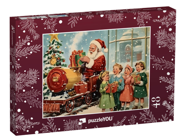 Puzzle 48 Teile „Vintage Weihnachtsmotiv: Weihnachtsmann mit singenden Kindern“