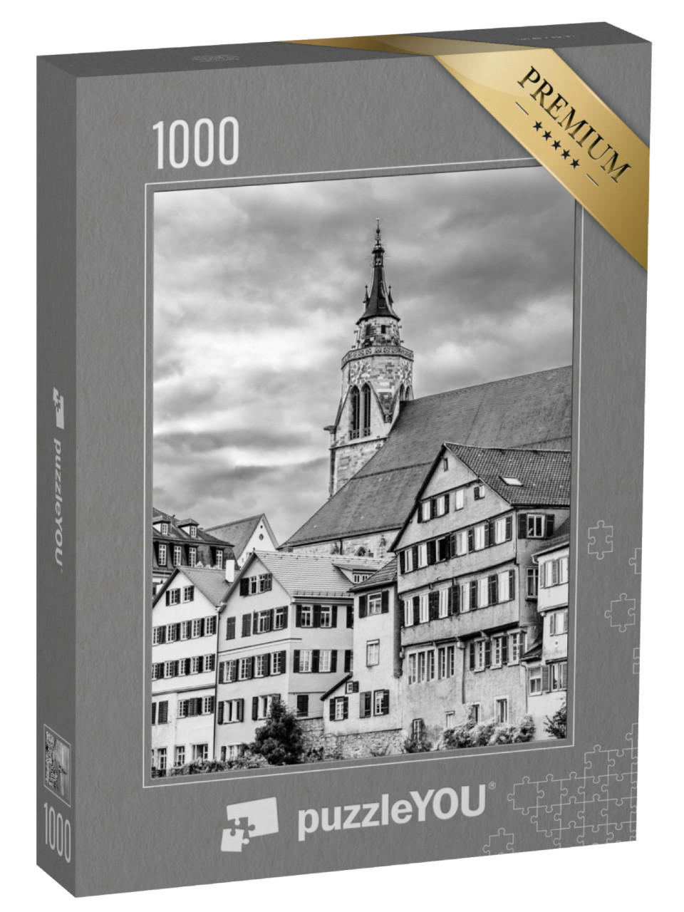 Puzzle 1000 Teile „Stiftskirche St. Georg in der Altstadt von Tübingen, schwarz-weiß“