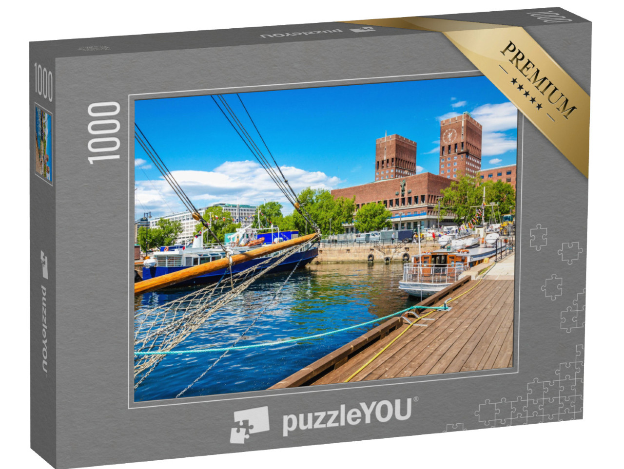 Puzzle 1000 Teile „Oslo City Hall, Blick aus Richtung Hafen, Oslo Fjord, Norwegen“