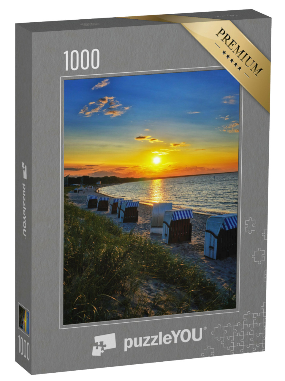 Puzzle 1000 Teile „An der Ostsee: Strandkörbe und Sonnenuntergang in Glowe, Mecklenburg-Vorpommern“