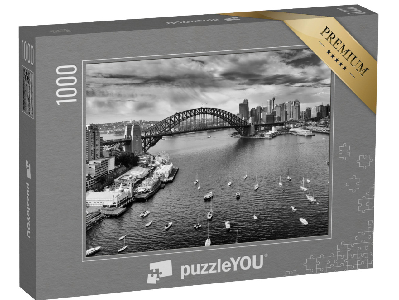 Puzzle 1000 Teile „Sydney, im Mittelpunkt die Harbour Bridge, schwarz-weiß“