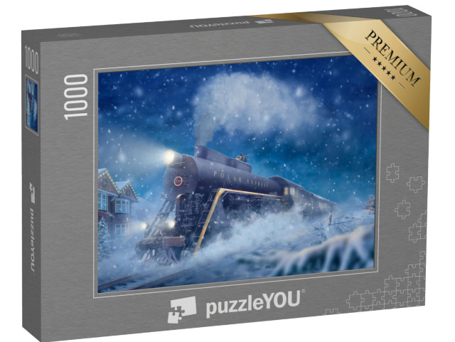 Puzzle 1000 Teile „Polarexpress in einer verschneiten Landschaft, kleiner Junge, Mann auf dem Zug“