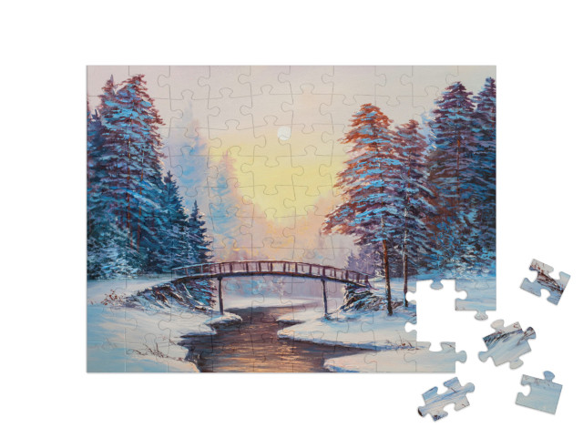 Puzzle 100 Teile „Winterlandschaft mit Fluss, Original-Ölgemälde“