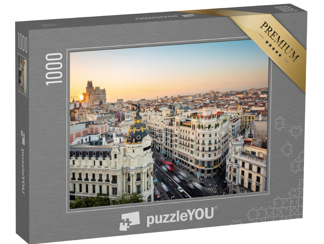 Puzzle 1000 Teile „Sonnenuntergang über der Gran Via, Madrid, Spanien“